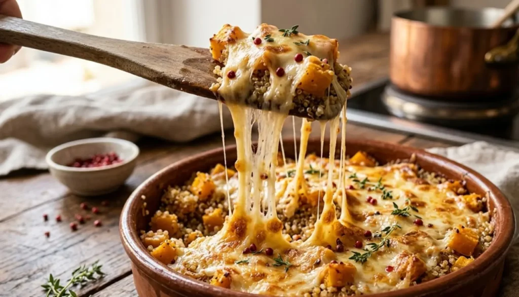 Scamorza fumée fondue s’étirant en longs fils gourmands au-dessus d’un gratin de quinoa et courge rôtie servi dans un plat rustique.