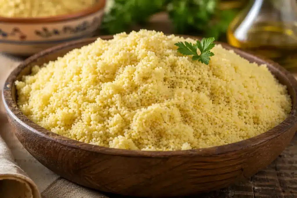 La semoule cuite révèle des grains fins et distincts, très différents du couscous dont la structure est plus épaisse et plus agglomérée.