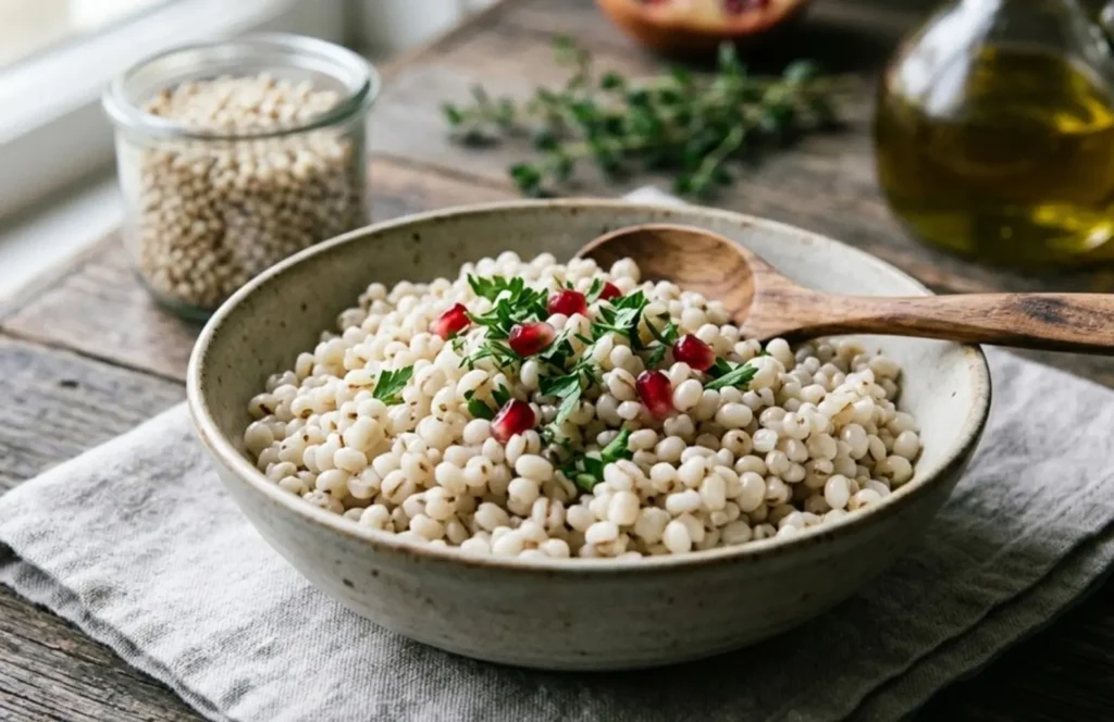 Graines de sorgho cuites, brillantes et perlées dans un bol artisanal, idéales pour une cuisine sans gluten et l’organisation des repas.