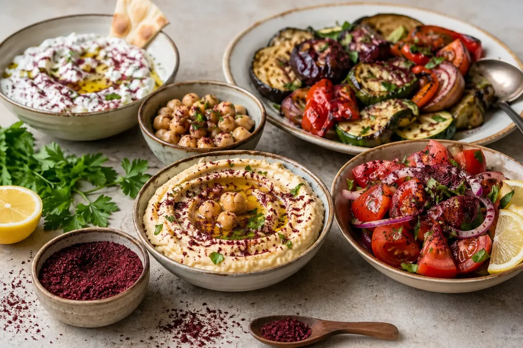 Sumac utilisé en cuisine méditerranéenne sur houmous légumes rôtis et salade