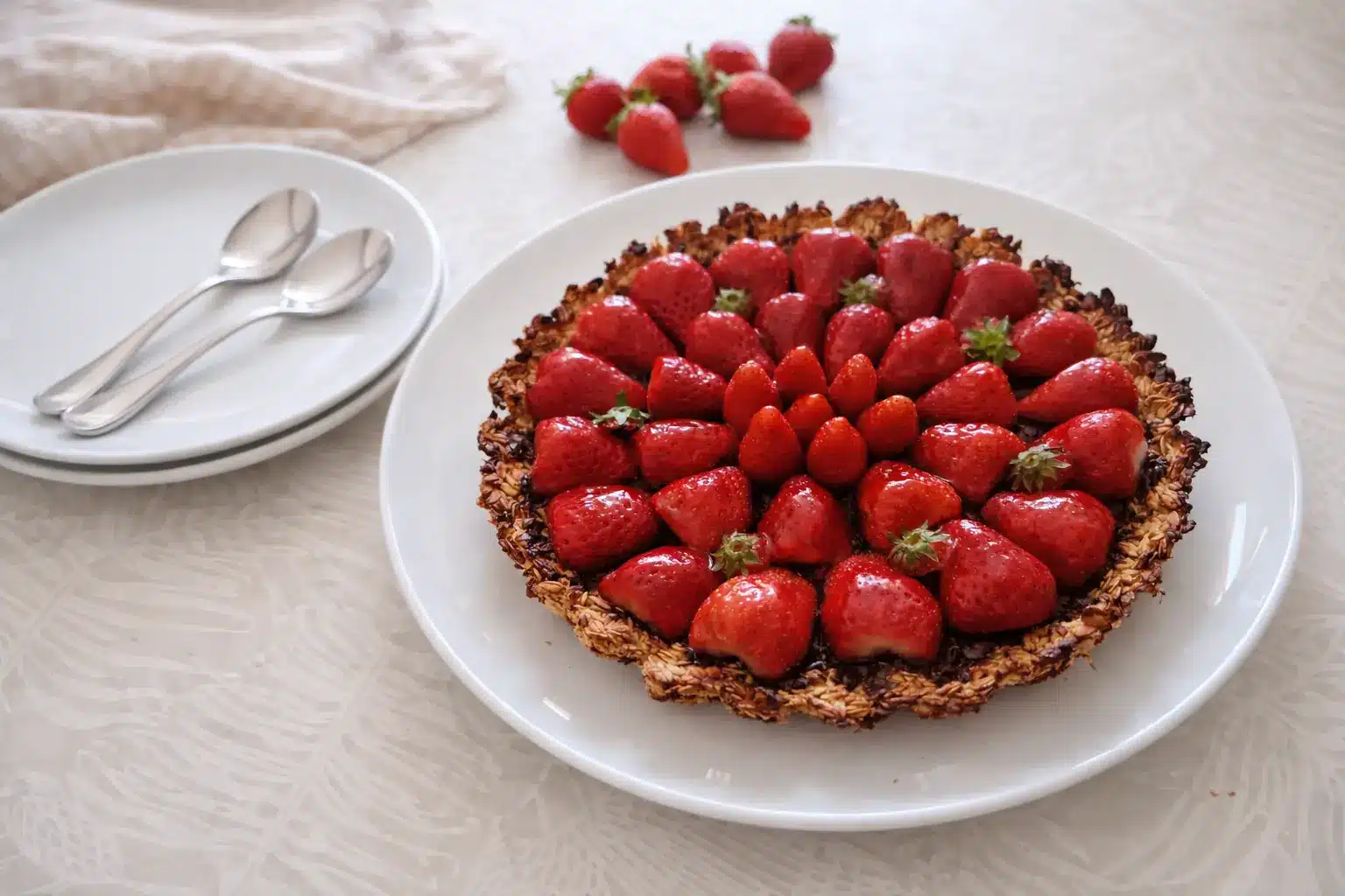 tarte fraises chocolat avoine croustillante chocolat fondu fraises fraîches