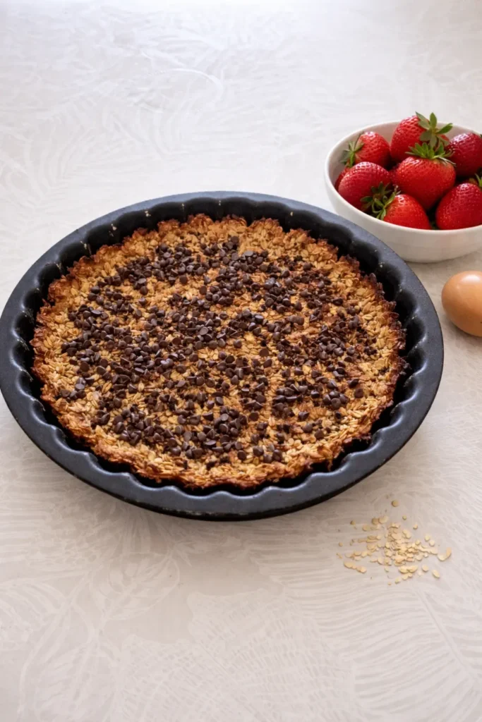 Base de tarte fraises chocolat avoine tout juste sortie du four, parsemée de pépites de chocolat noir qui commencent à fondre doucement au contact de la chaleur.