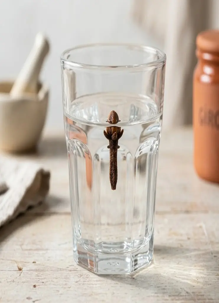 Un clou de girofle frais flottant à la verticale dans un verre d'eau pour tester sa qualité et sa teneur en huiles essentielles.