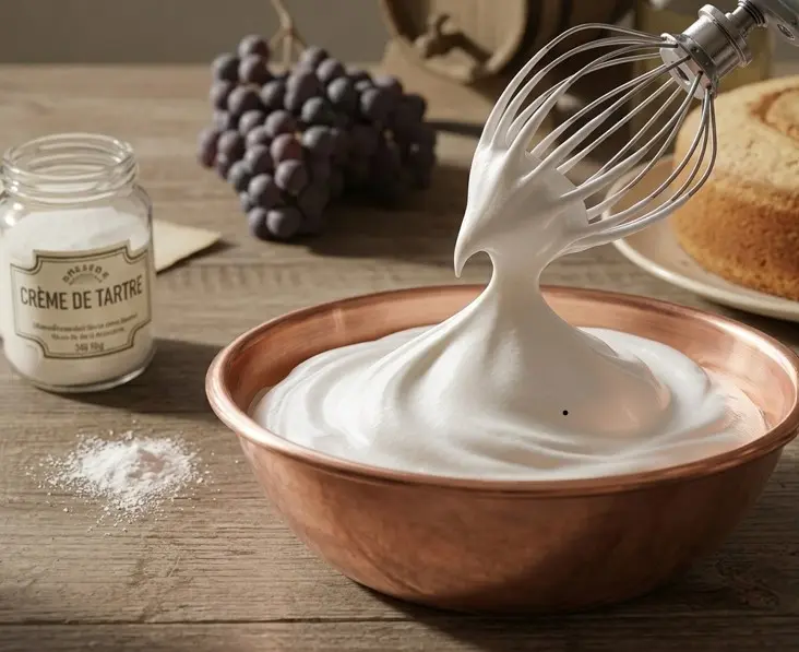 Meringue brillante et ferme avec un bec d'oiseau parfait, illustrant les règles d'utilisation de la crème de tartre.