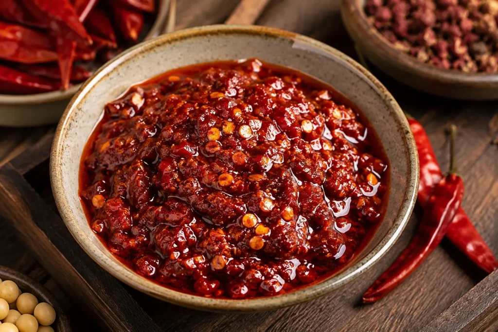 doubanjiang chinois maison dans un bol artisanal avec pâte de piment fermentée, fèves, huile rouge épicée et poivre du Sichuan sur table rustique asiatique