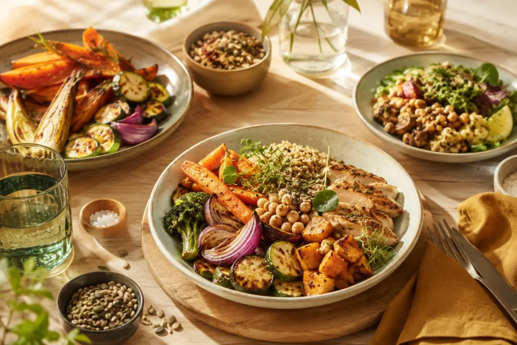 Plusieurs assiettes et bols en céramique disposés sur une table en bois clair, présentant des légumes rôtis à la texture fondante, des céréales complètes, des herbes fraîches et des protéines colorées pour illustrer une assiette équilibre saines et gourmandes.