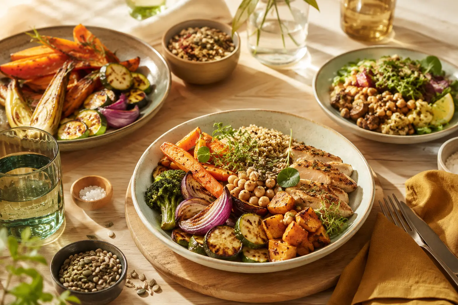 Plusieurs assiettes et bols en céramique disposés sur une table en bois clair, présentant des légumes rôtis à la texture fondante, des céréales complètes, des herbes fraîches et des protéines colorées pour illustrer une assiette équilibre saines et gourmandes.