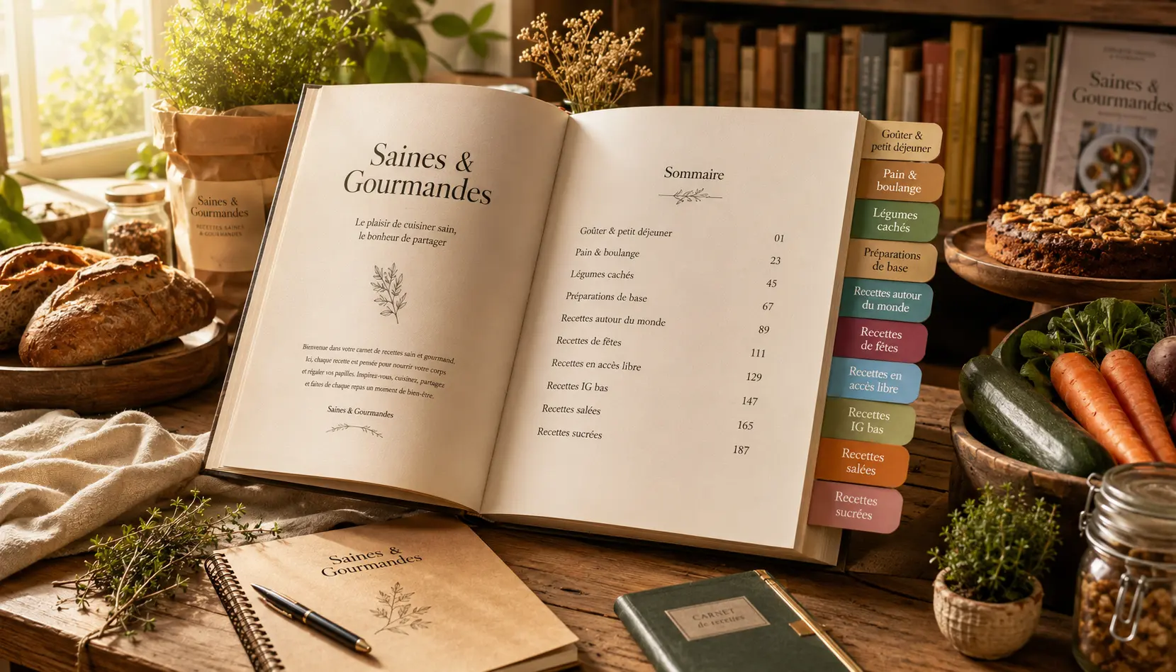 Grand livre culinaire ouvert « Saines & Gourmandes » avec onglets de catégories recettes colorés, posé dans une bibliothèque gourmande chaleureuse entourée de pains artisanaux, légumes frais, pâtisseries maison et herbes aromatiques sous une lumière dorée.
