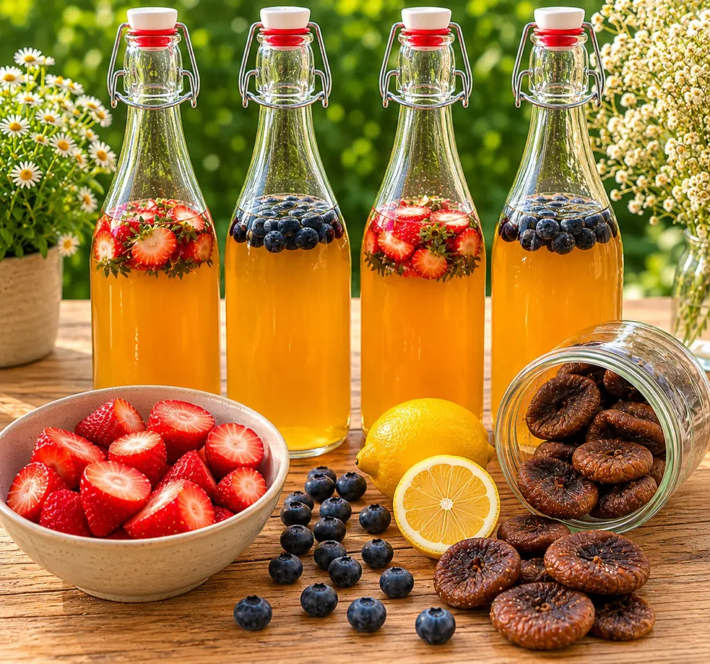 Bouteilles de kéfir de fruits maison à la fraise et aux myrtilles, avec citron, figues sèches et saladier de fraises coupées sur table en bois au soleil