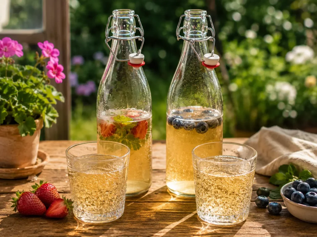 Deux bouteilles de kéfir de fruits pétillant, l’une aux fraises et l’autre aux myrtilles, servies dans deux verres sur une table en bois au jardin.