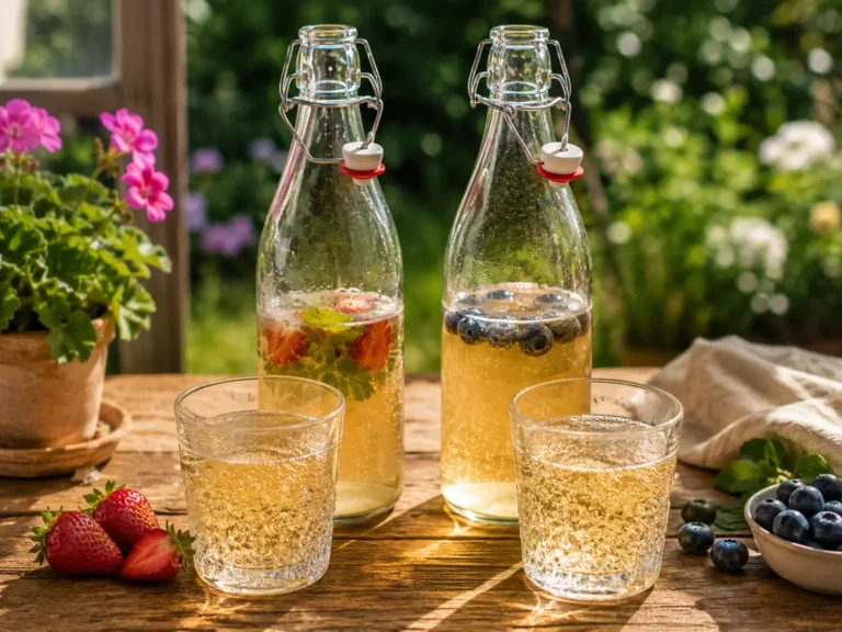 Deux bouteilles de kéfir de fruits pétillant, l’une aux fraises et l’autre aux myrtilles, servies dans deux verres sur une table en bois au jardin.