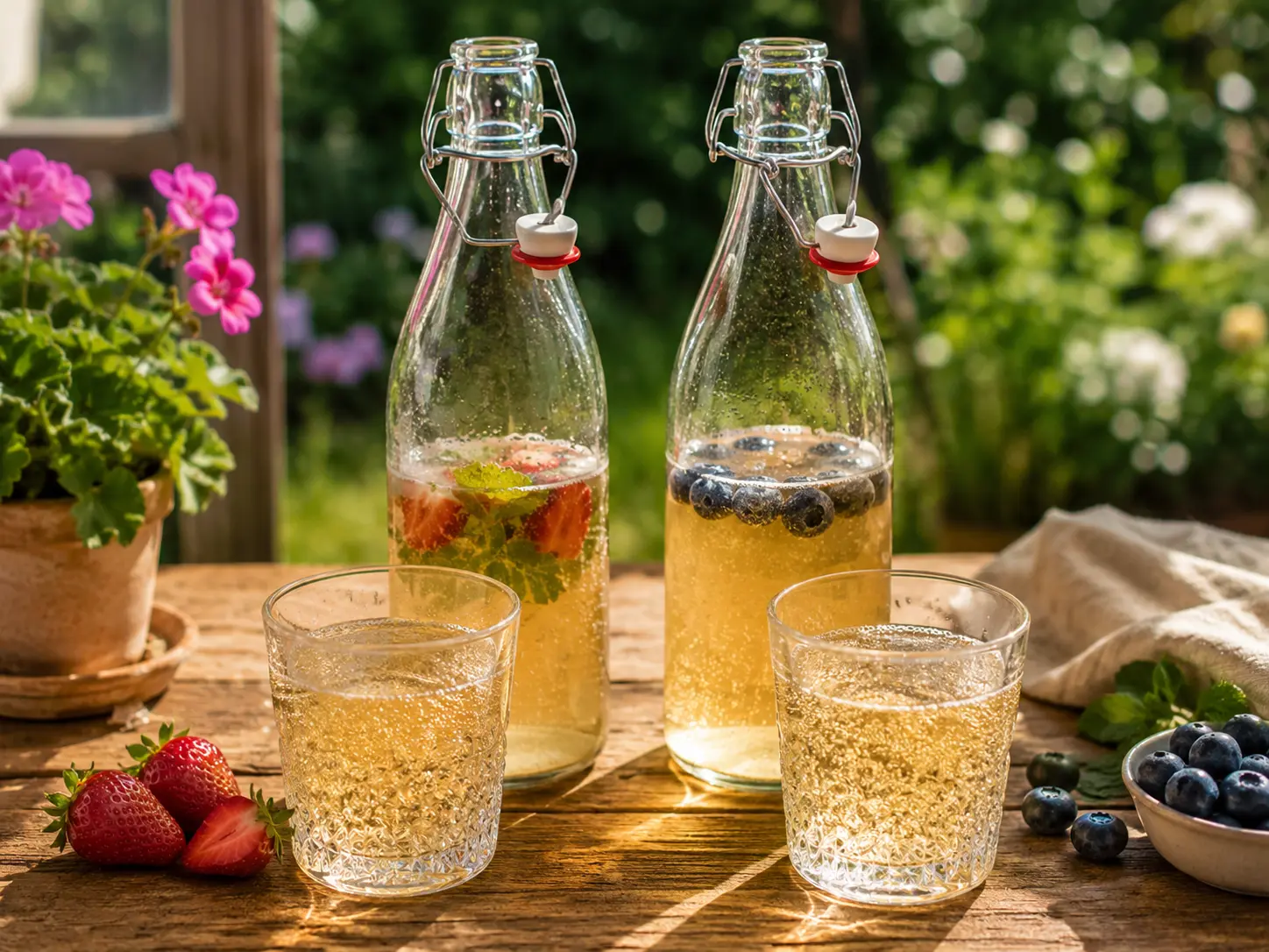 Deux bouteilles de kéfir de fruits pétillant, l’une aux fraises et l’autre aux myrtilles, servies dans deux verres sur une table en bois au jardin.