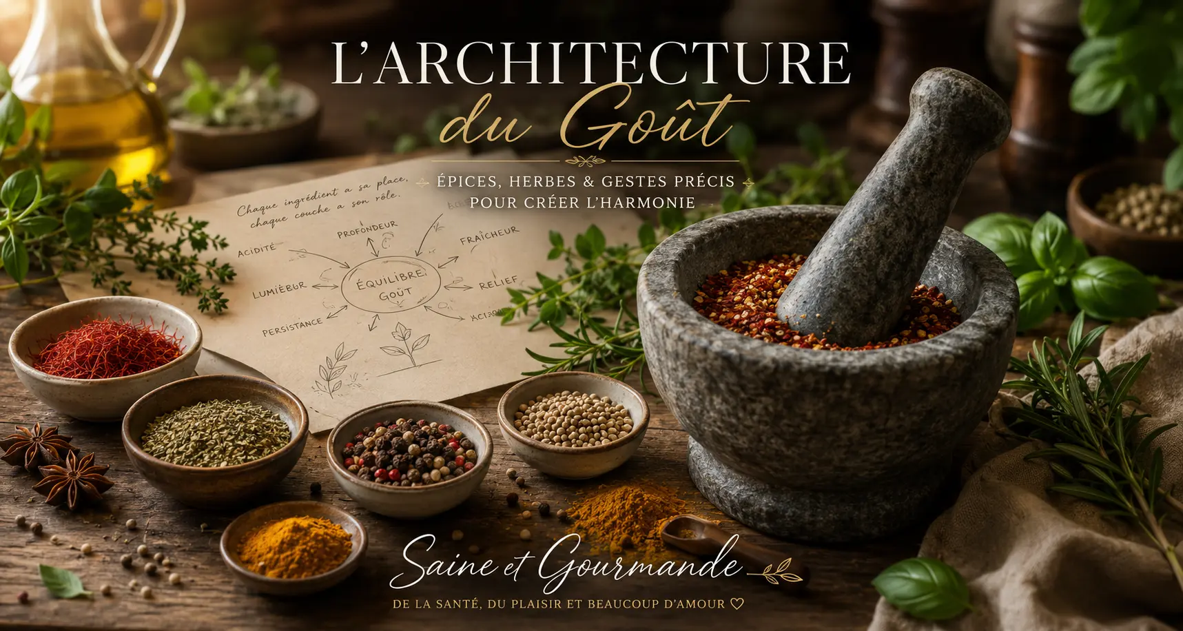 Architecture du goût avec mortier, épices entières et herbes fraîches en cuisine IGBas artisanale