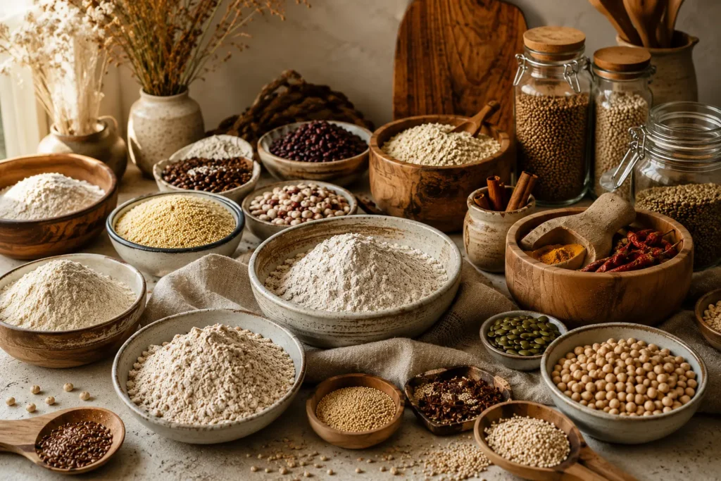 Grande table artisanale autour des textures et structures en cuisine avec pâtes à pain en fermentation, mie alvéolée, farines anciennes, amidons, graines et outils de boulanger sous une lumière naturelle chaleureuse.