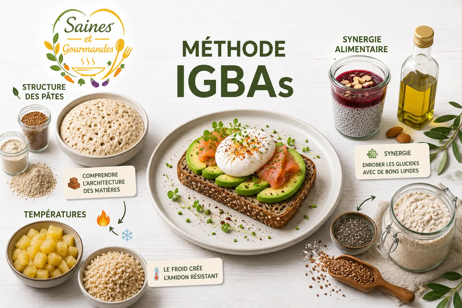 IG Bas Méthode Saines Gourmandes avec levain fermenté, amidon résistant, textures culinaires et synergie alimentaire