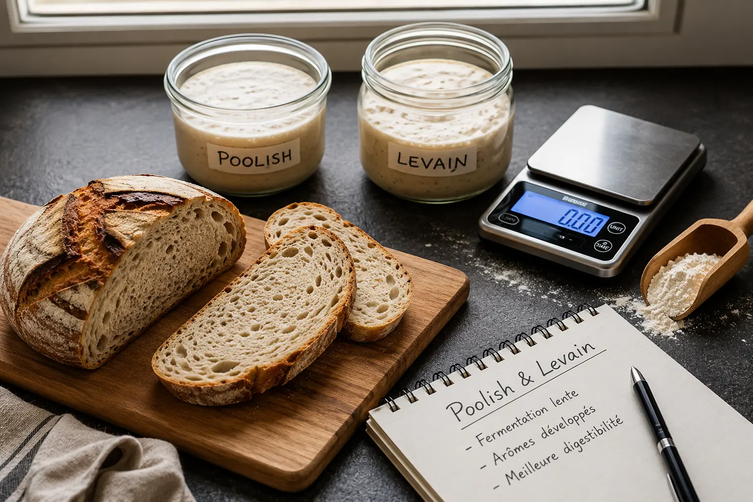 Poolish et levain utilisés pour la fermentation du pain artisanal avec miche coupée et balance de précision