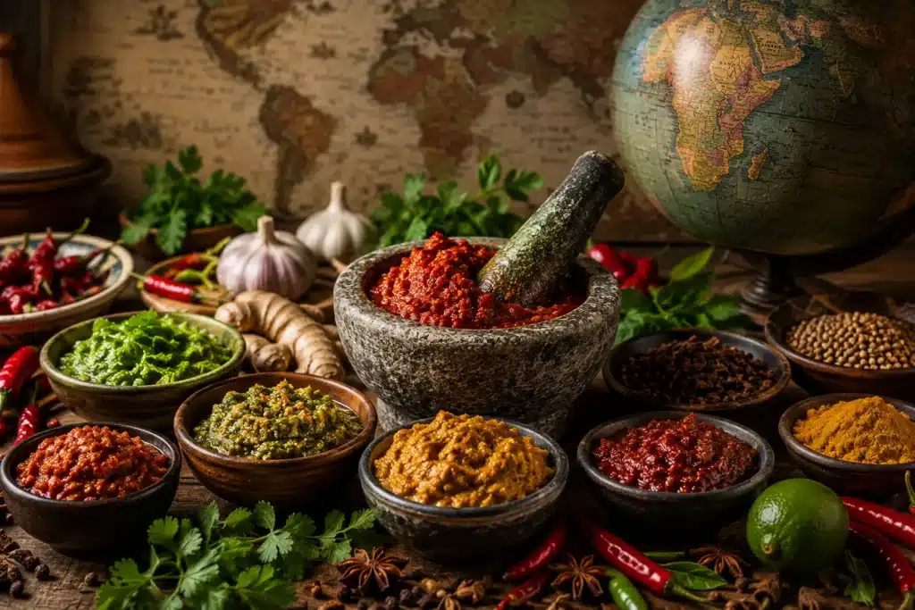 Pâtes d’épices du monde : mortier de pâtes aromatiques du monde avec harissa, curry, herbes fraîches, épices et globe ancien en arrière-plan