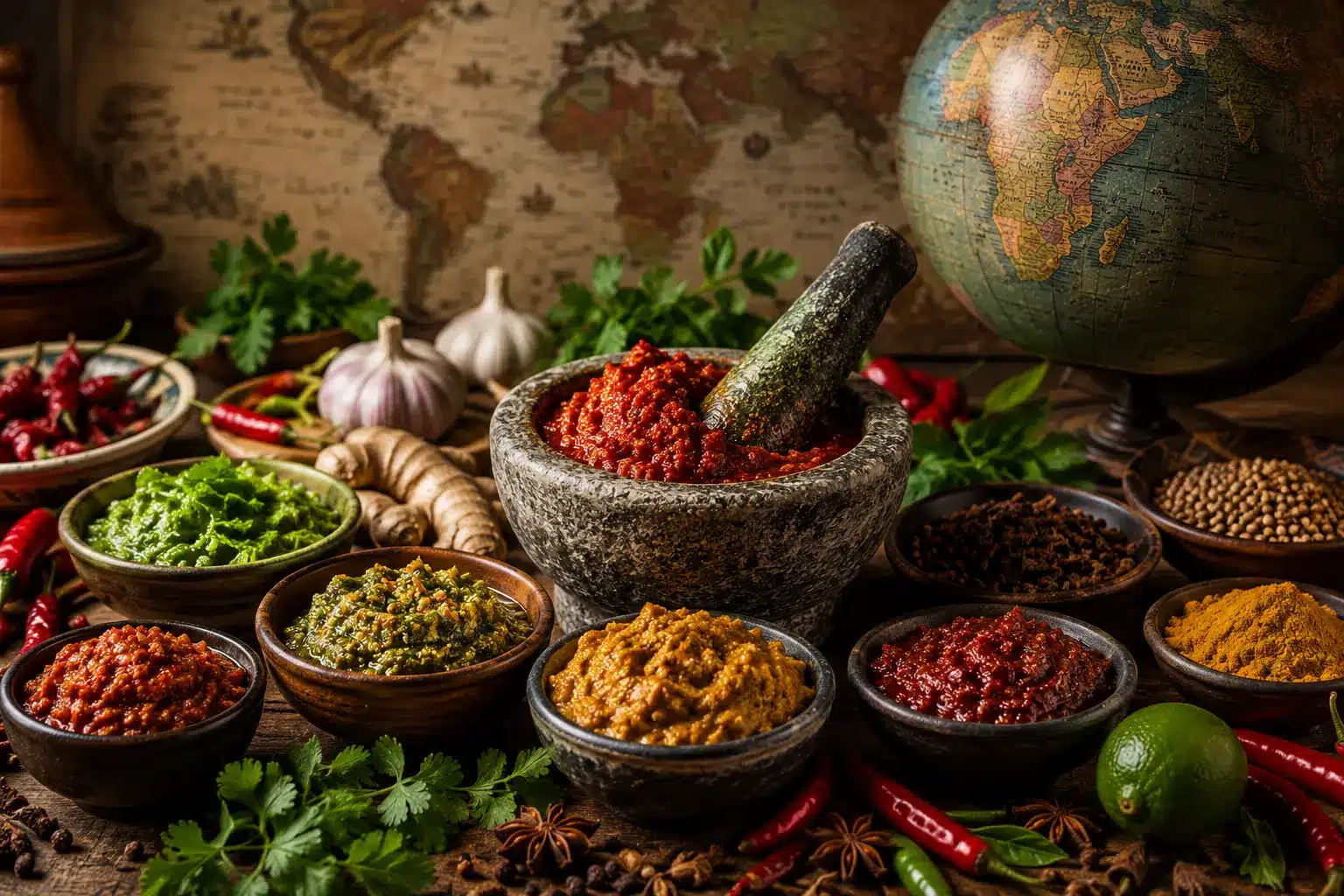 mortier de pâtes aromatiques du monde avec harissa, curry, herbes fraîches, épices et globe ancien en arrière-plan