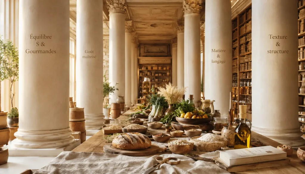 Fiches piliers : Une grande table en bois brut présentant un pain doré, des bols de farines poudrées et des légumes frais, entourée de quatre piliers blancs majestueux gravés des titres Équilibre Saines et Gourmandes, Goût maîtrisé, Matière et langage, et Texture et structure dans un décor de bibliothèque ancienne.