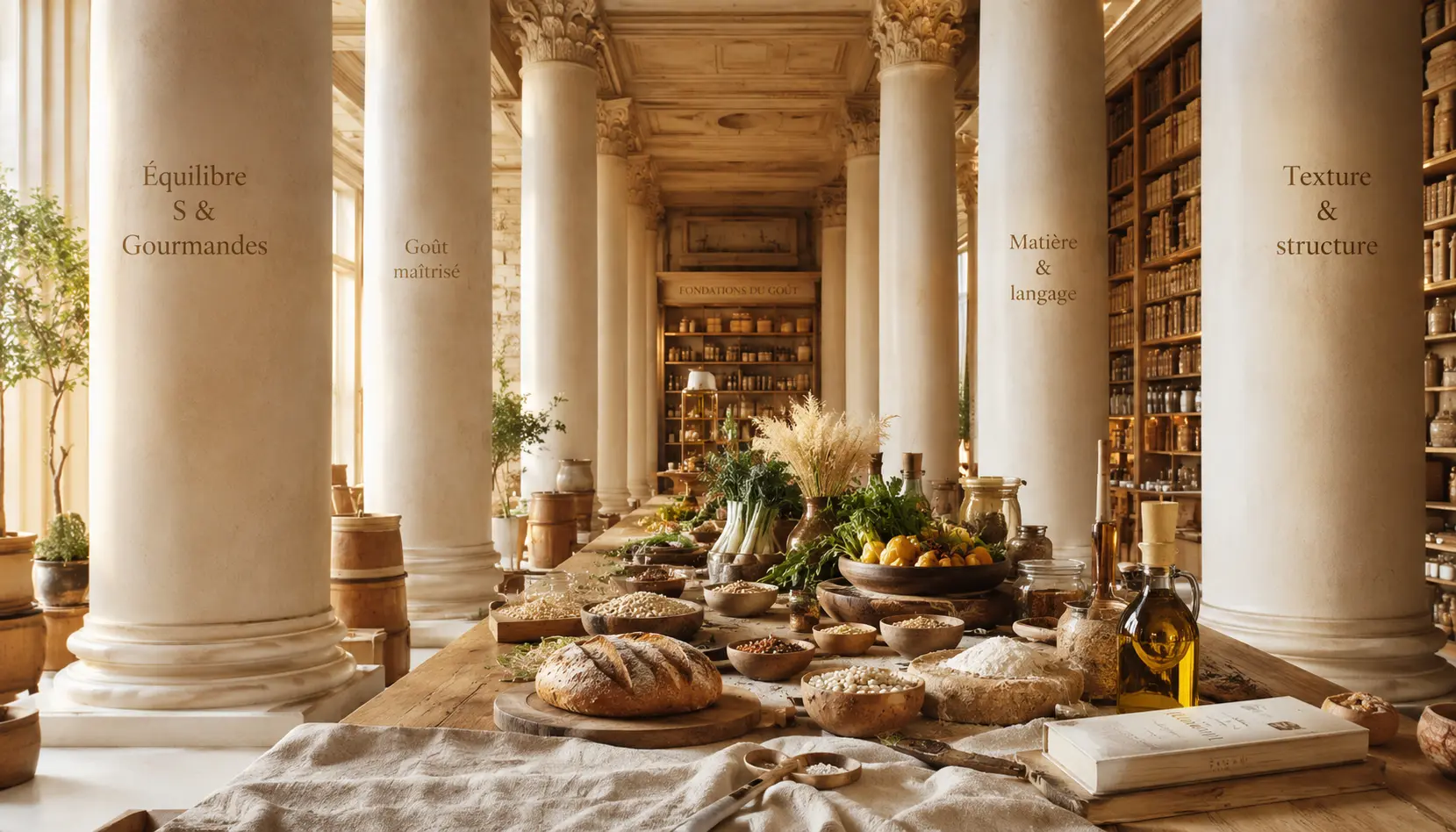 Fiches piliers : Une grande table en bois brut présentant un pain doré, des bols de farines poudrées et des légumes frais, entourée de quatre piliers blancs majestueux gravés des titres Équilibre Saines et Gourmandes, Goût maîtrisé, Matière et langage, et Texture et structure dans un décor de bibliothèque ancienne.