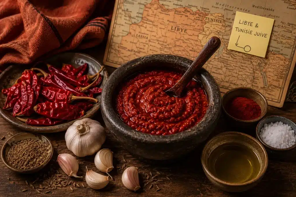 pilpelchuma maison dans un mortier noir avec piments rouges séchés, ail, carvi, huile d’olive et carte ancienne de Libye et Tunisie sur table rustique chaleureuse