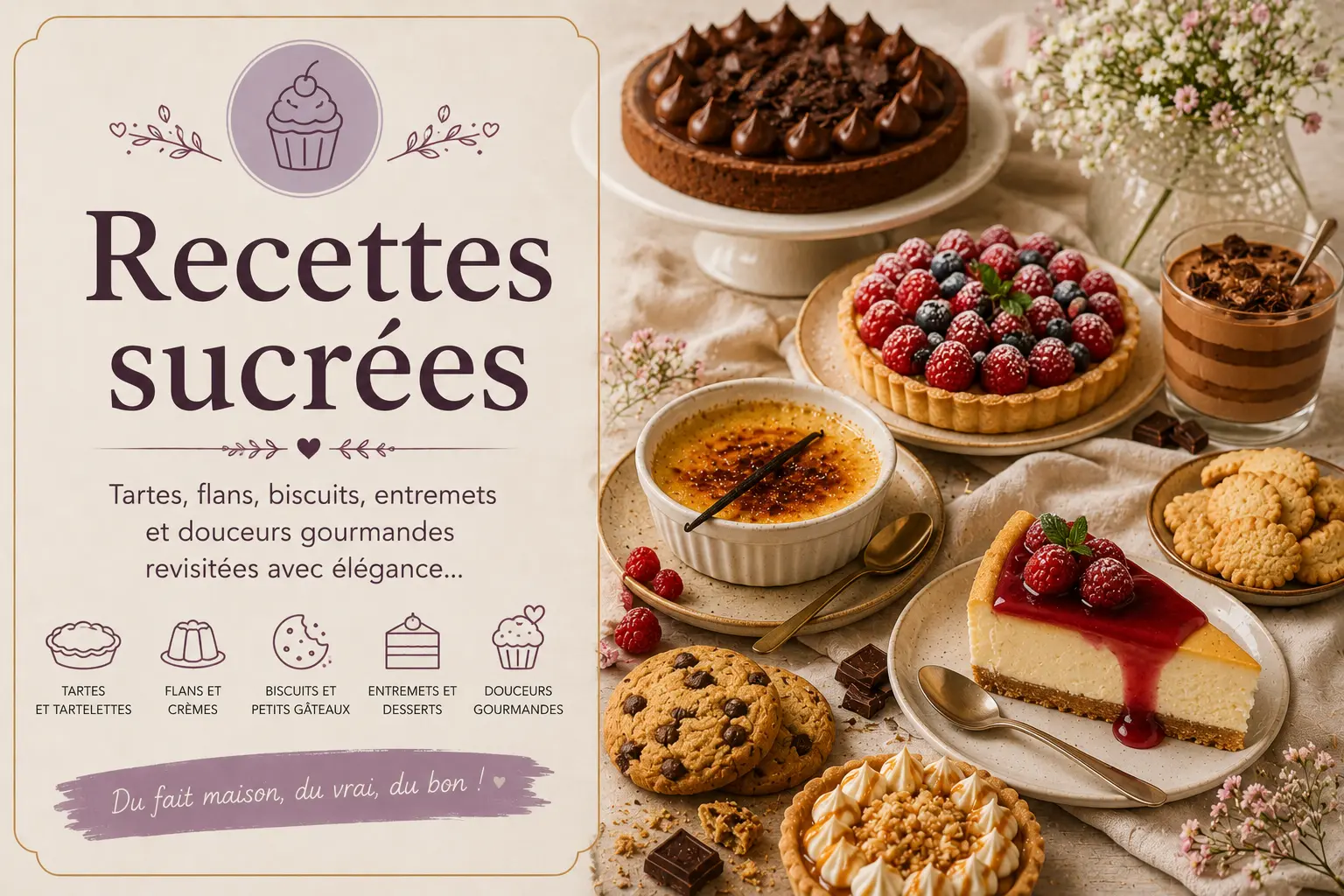 Recettes sucrées : illustration avec tartes, cheesecake, biscuits, fruits rouges et desserts maison gourmands dans une ambiance douce et élégante signée Saines & Gourmandes