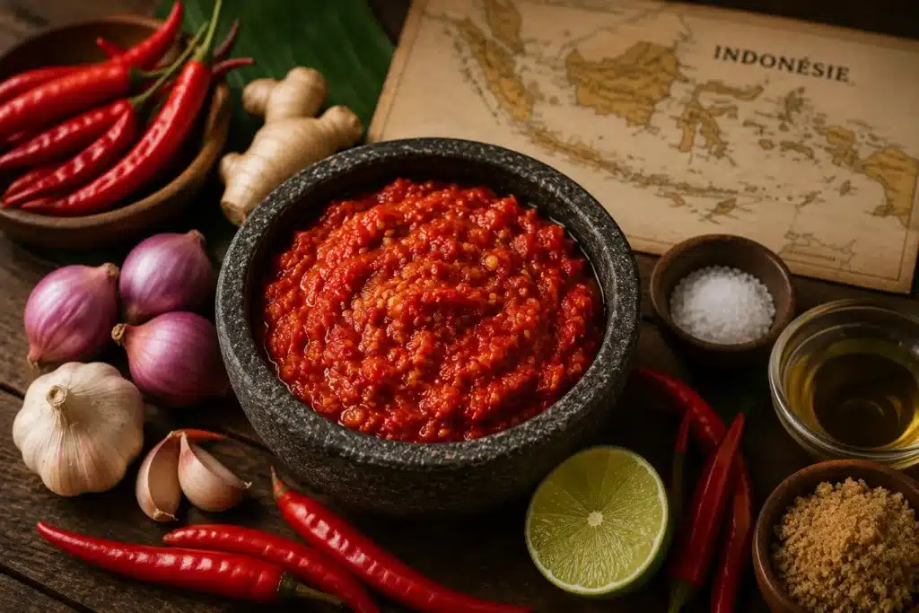 sambal maison indonésien dans un mortier noir avec piments rouges frais, ail, échalotes, citron vert et carte ancienne de l’Indonésie sur table rustique asiatique