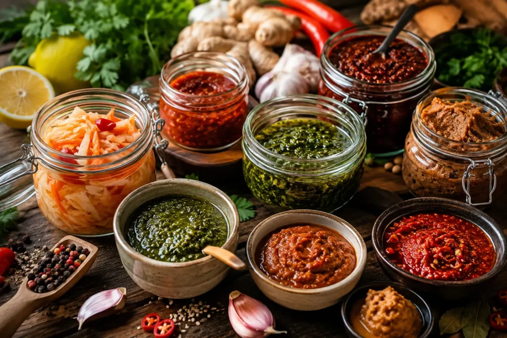 Bocaux et coupelles de sauces, pâtes fermentées et condiments colorés disposés sur une table rustique en bois avec herbes fraîches, piments et épices.