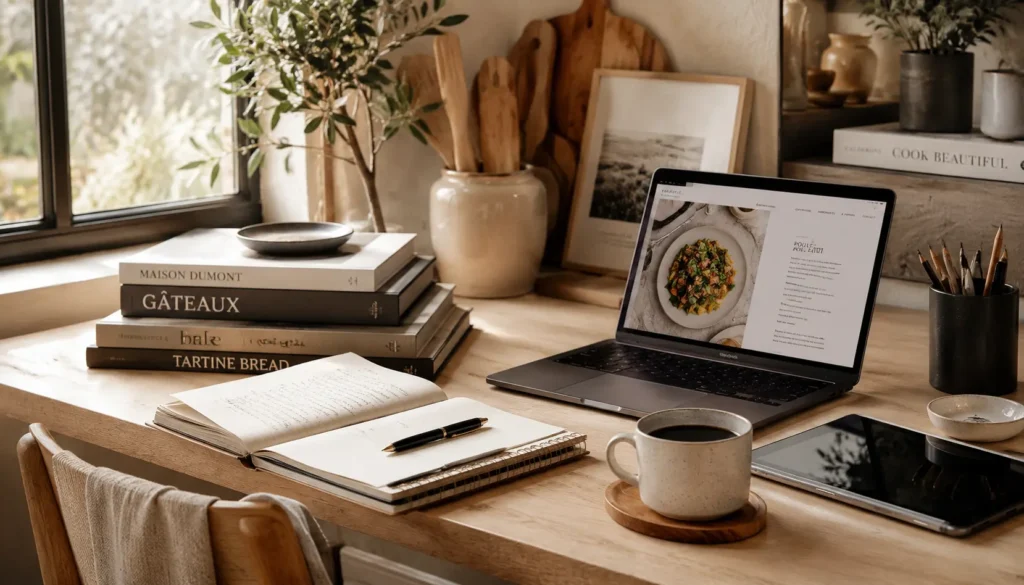 Bureau culinaire élégant avec ordinateur portable affichant une recette, carnet manuscrit, livres de cuisine empilés, tasse de café et lumière naturelle dans une ambiance chaleureuse et raffinée.