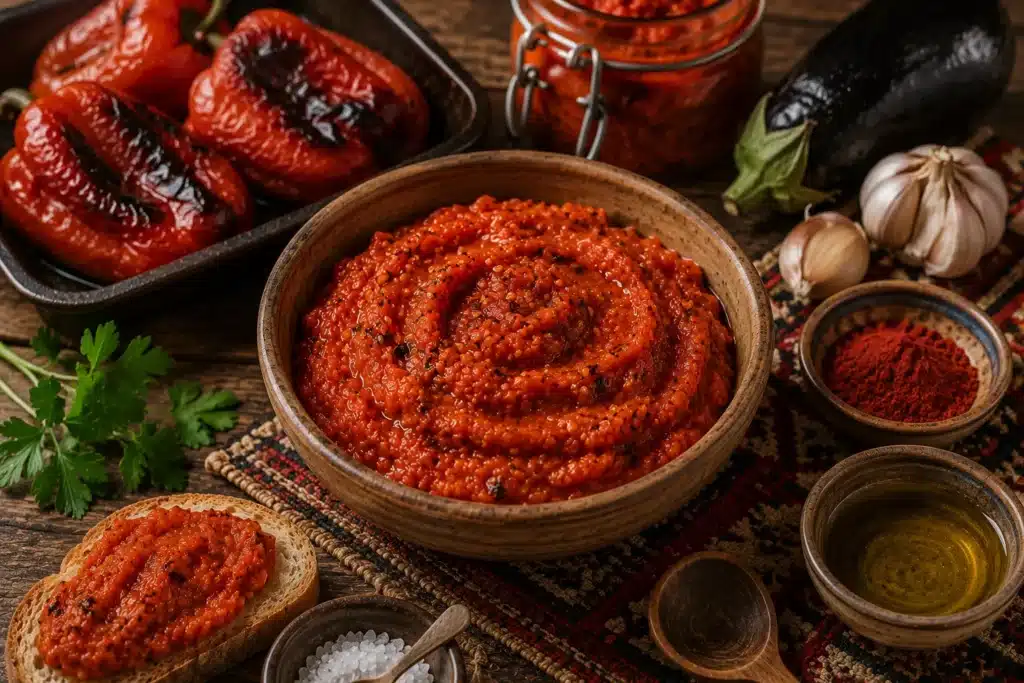 ajvar maison des Balkans dans un bol artisanal avec poivrons rouges grillés, aubergine rôtie, ail et huile d’olive sur table rustique chaleureuse