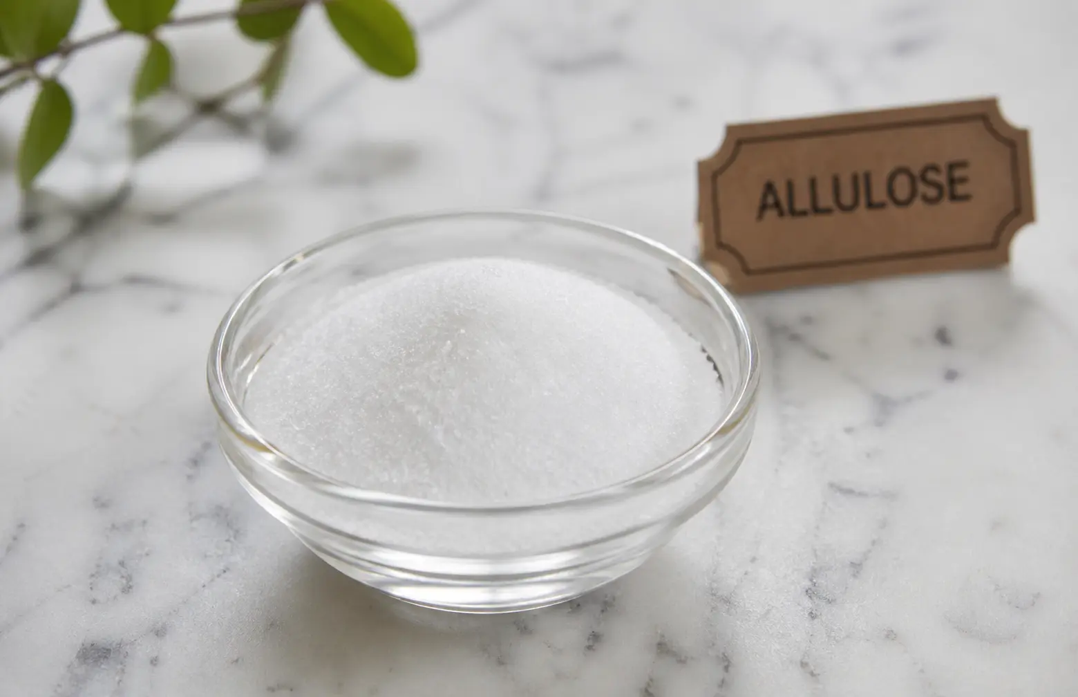 allulose cristallisée blanche en poudre dans un bol en verre sur plan de travail clair, texture fine et lumineuse pour pâtisserie IG bas