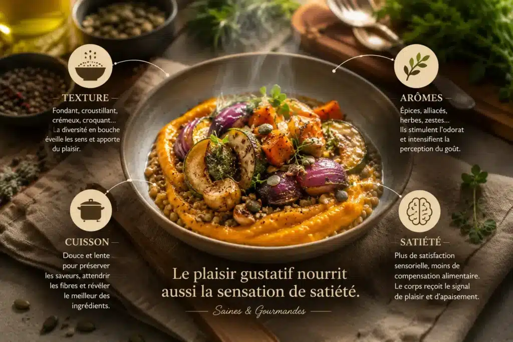 Éveil des sens en cuisine avec assiette de légumes rôtis, textures fondantes et cuisine IG Bas favorisant la satiété sensorielle