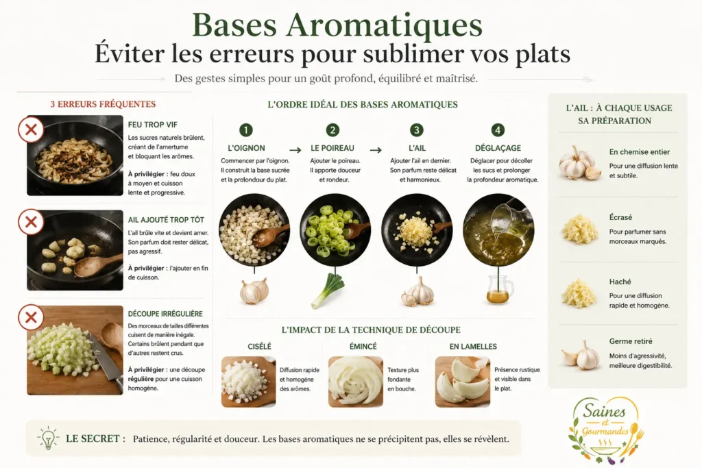 Infographie des bases aromatiques avec erreurs de cuisson ordre des aromates techniques de découpe et préparation de l’ail – Saines & Gourmandes
