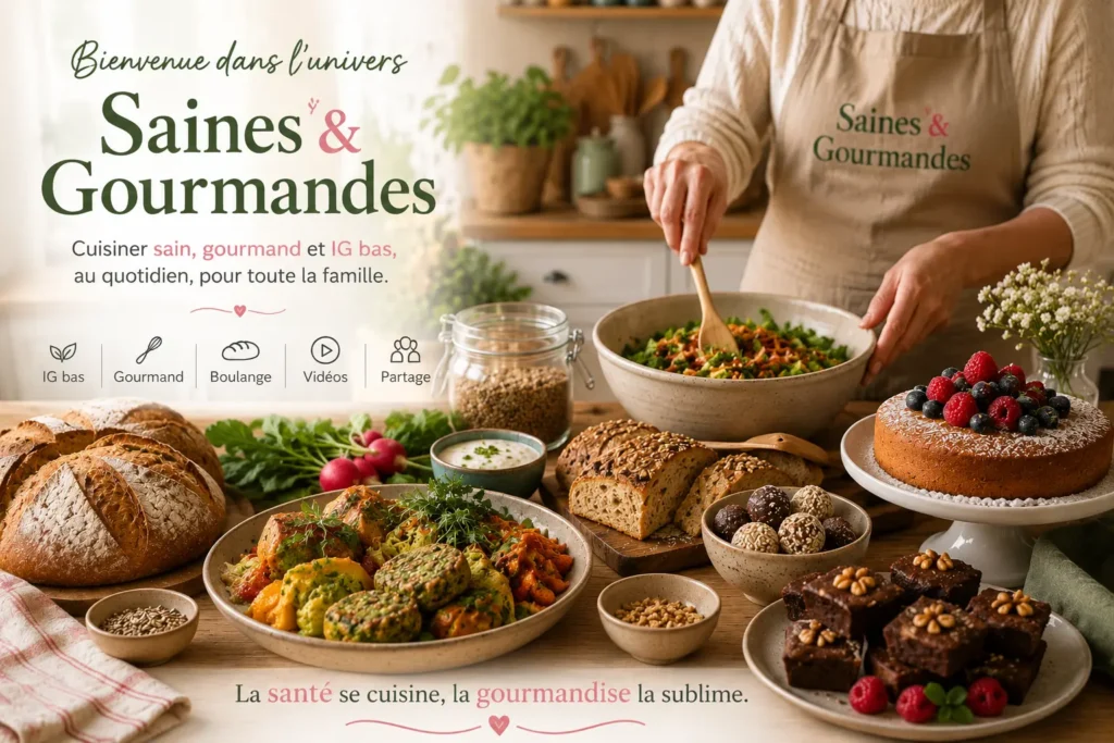 Table de bienvenue Saines & Gourmandes présentant des pains artisanaux, des plats de légumes colorés, des pâtisseries aux fruits rouges et une cuisinière mélangeant une salade sous une lumière douce et dorée