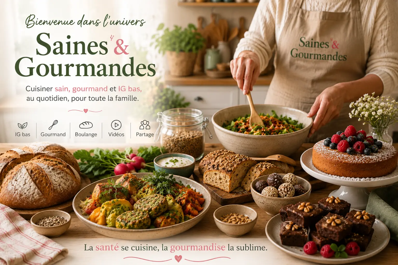 Table de bienvenue Saines & Gourmandes présentant des pains artisanaux, des plats de légumes colorés, des pâtisseries aux fruits rouges et une cuisinière mélangeant une salade sous une lumière douce et dorée
