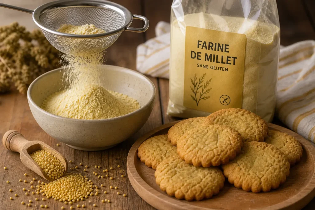 Farine de millet tamisée avec biscuits sans gluten à la texture sablée et dorée