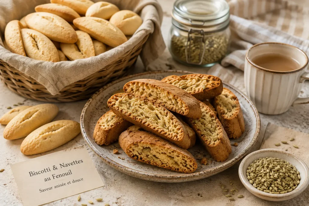 Assiette de biscotti italiens croustillants aux graines de fenouil accompagnés de navettes anisées maison, avec un bocal de graines de fenouil, une tasse chaude et une ambiance de cuisine méditerranéenne chaleureuse.