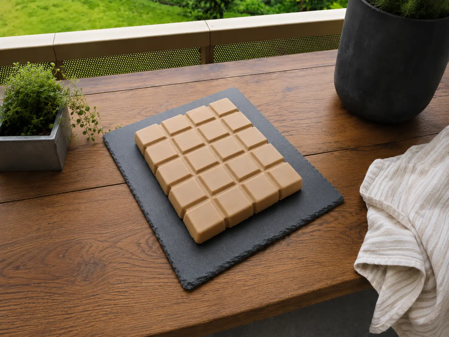 Tablette de café parfait en carrés sur plateau noir posé sur une table en bois près d’une fenêtre.
