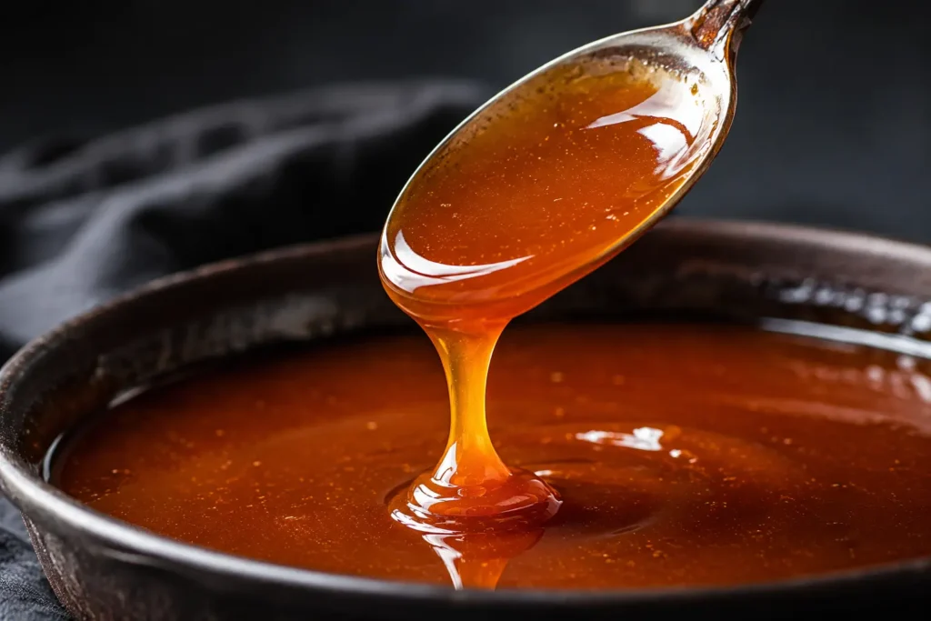 Glucose utilisé dans un caramel brillant et fluide en pâtisserie, caramel ambré coulant sur une cuillère au-dessus d’une casserole.