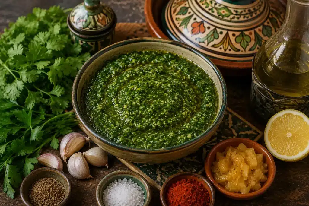 charmoula marocaine maison dans un bol artisanal avec coriandre fraîche, ail, citron confit, cumin et huile d’olive sur table rustique méditerranéenne