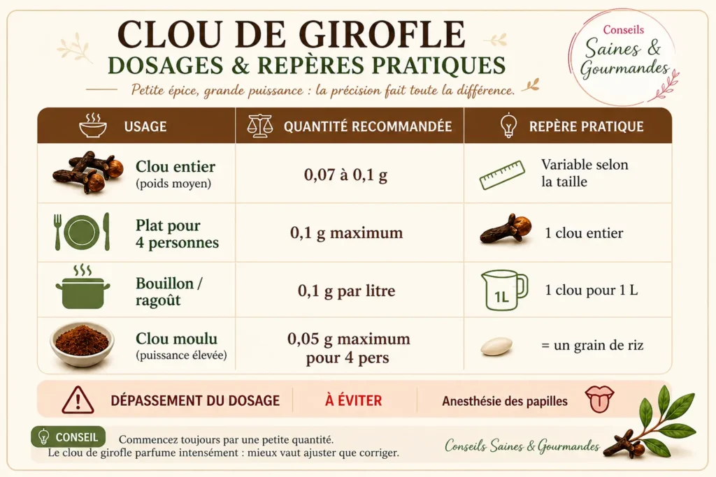 Clou de girofle Infographie avec dosages précis, repères pratiques et quantités recommandées pour cuisine et bouillons