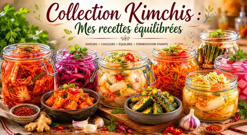 Une magnifique et colorée collection de huit bocaux en verre alignés sur deux rangées, remplis de différents kimchis faits maison. On y découvre une incroyable variété de textures et de couleurs éclatantes : le violet profond du chou rouge aux canneberges, le vert tendre des feuilles de moutarde, l'orange vif des bâtonnets de carottes au cumin, le blanc croquant du kimchi traditionnel aux pignons de pin, ainsi que des déclinaisons de navets, de courgettes au citron vert, de céleri-rave aux zestes d'orange et de fenouil émincé à la pomme. Chaque bocal en verre transparent laisse entrevoir les morceaux de légumes enrobés de sauces pimentées et d'épices, créant une mosaïque gourmande et vibrante.