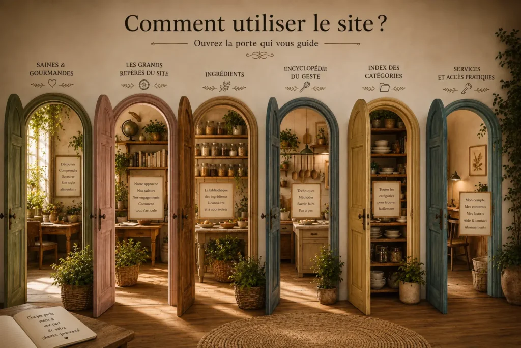Comment utiliser le site ? : Illustration éditoriale représentant plusieurs portes ouvertes guidant vers les différentes sections du site Saines & Gourmandes : grands repères, ingrédients, encyclopédie du geste, index des catégories et services pratiques.”