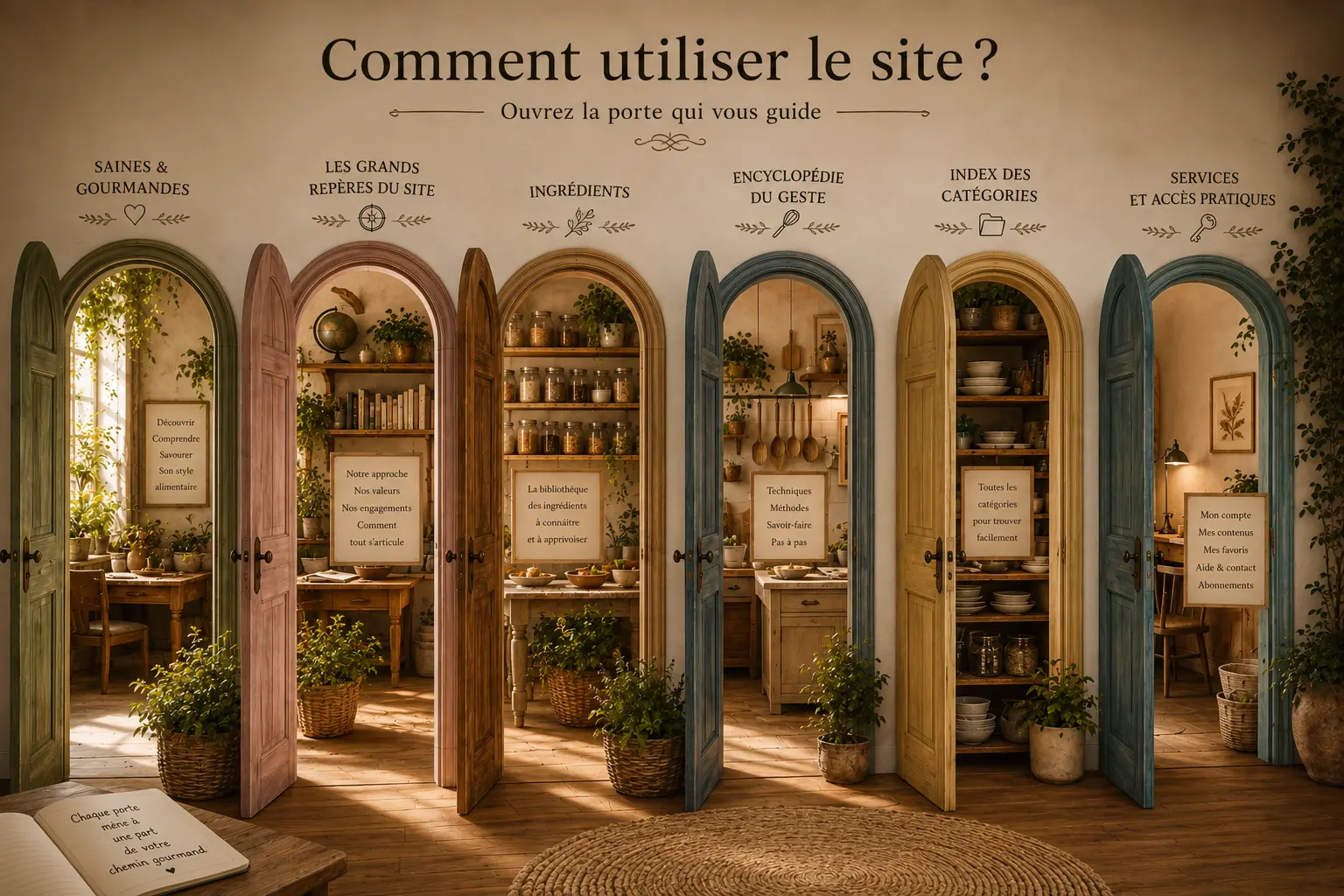 Illustration du guide du site Saines & Gourmandes avec plusieurs portiques représentant les grands espaces de navigation du blog