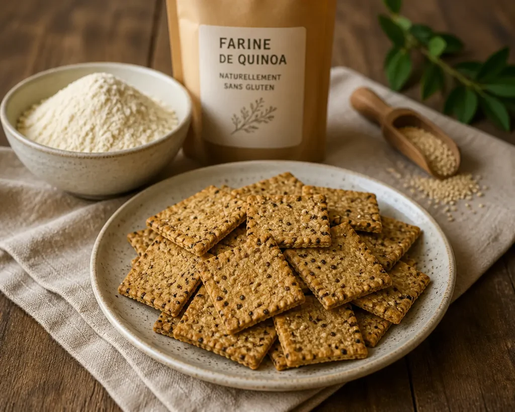 Farine de quinoa utilisée dans des crackers salés dorés avec texture fine et croustillante