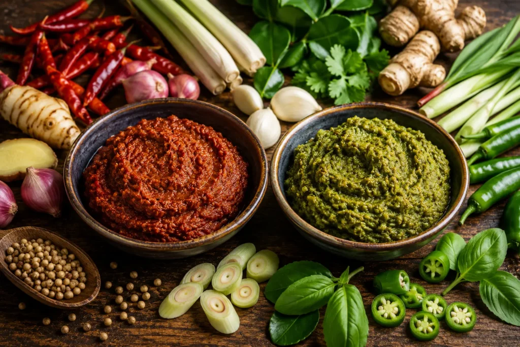 pesto vert au basilic et pesto rouge aux tomates séchées dans deux bols artisanaux avec parmesan, huile d’olive, ail et basilic frais sur table rustique italienne