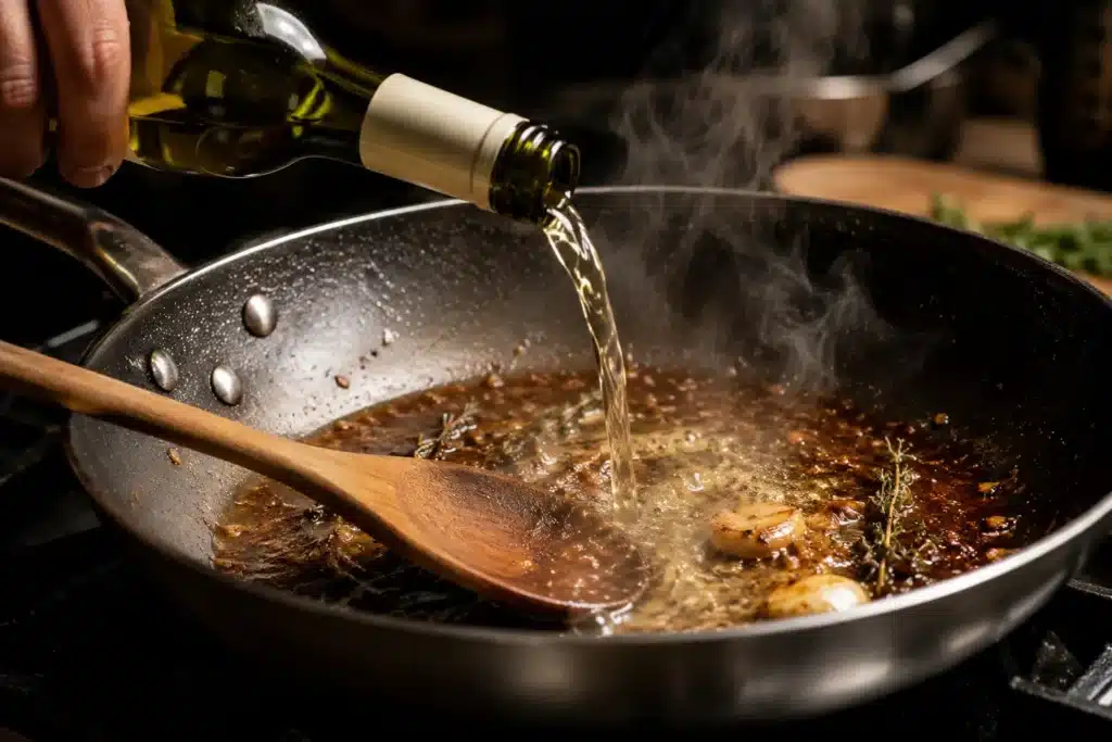 Vin en cuisine : maîtrisez le déglaçage, les réductions et l’équilibre des sauces. Blanc sec, rouge ou vin jaune, découvrez les gestes techniques qui construisent la profondeur aromatique sans alourdir les préparations.
