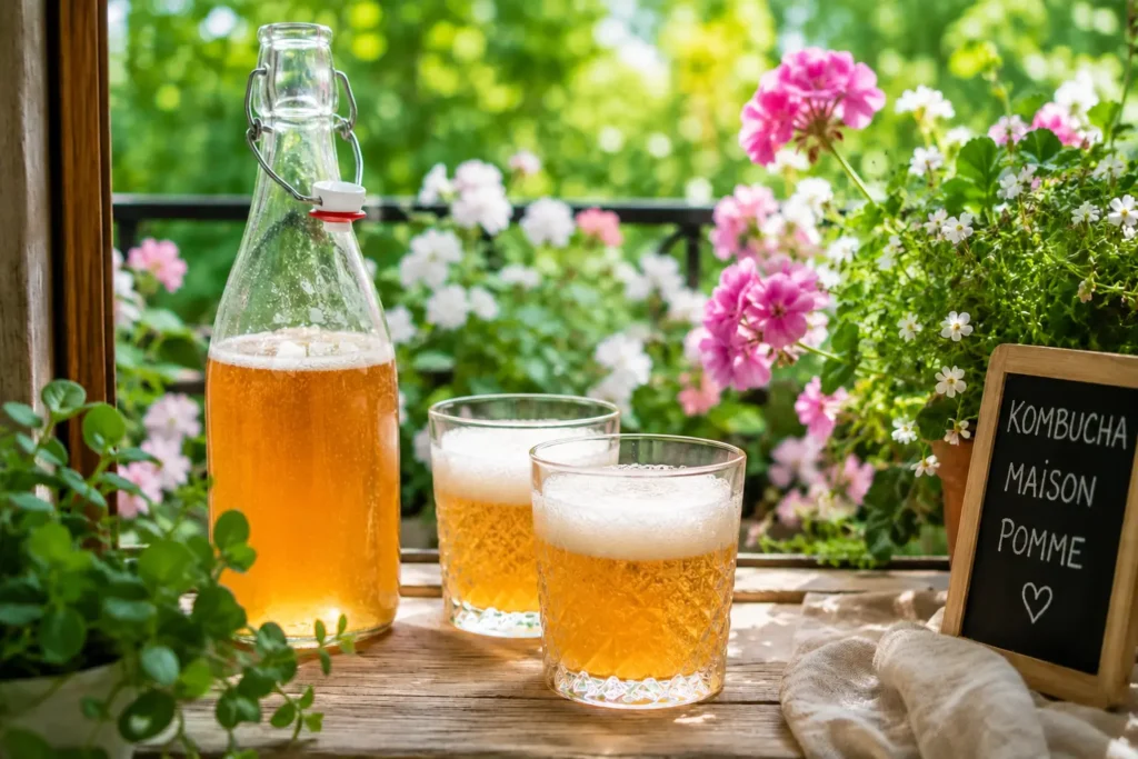 Bouteille et verres de kombucha pétillant maison servis sur un balcon fleuri avec mousse naturelle et lumière estivale chaleureuse