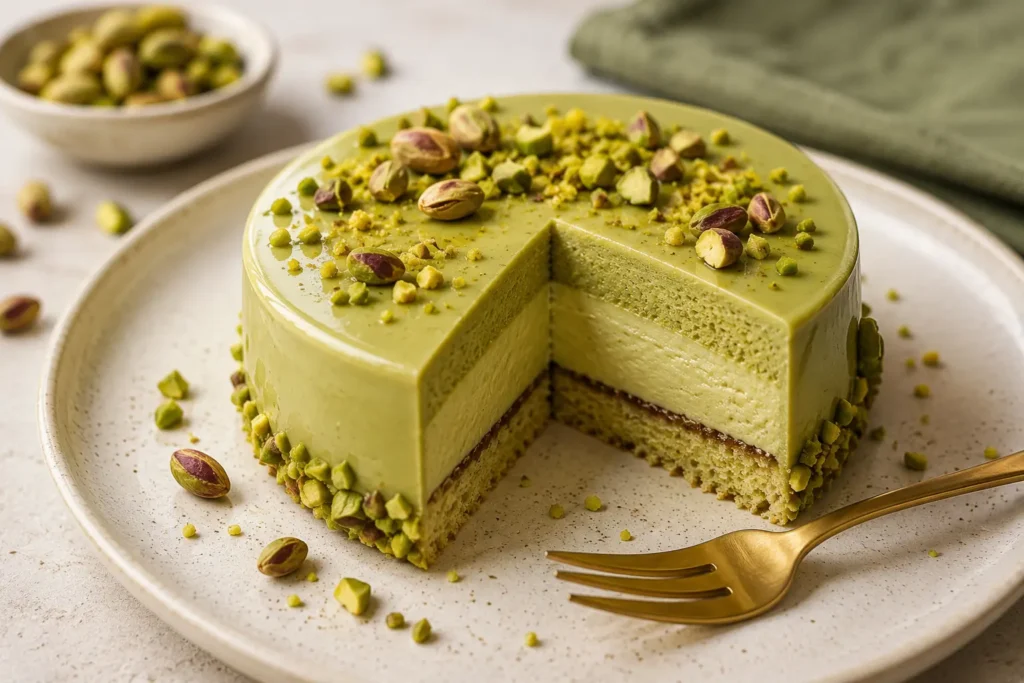 Entremets pistache pâtisserie composé de mousse et pâte de pistache avec éclats de pistaches et cœur fruité
