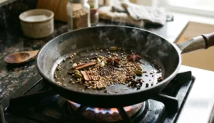 Épices entières torréfiées doucement dans une poêle chaude